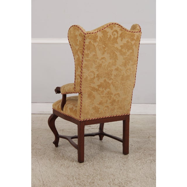 Wood Pair French Oak Carved Wing Back Damask Chairs For Sale - Image 7 of 18
