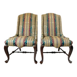 Vintage Solid Mahogany Wood Wing Back Upholstered Dining Fireside Chairs- a Pair For Sale