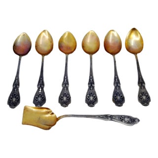 Silver Coffee Spoons and Sugar Shovel with Golden Shells and Raised Handles, Set of 6 For Sale