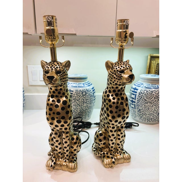 Metal Contemporary Gold Cheetah Animal Print Tiger Table Lamps With Pleated Shades - A Pair For Sale - Image 7 of 12