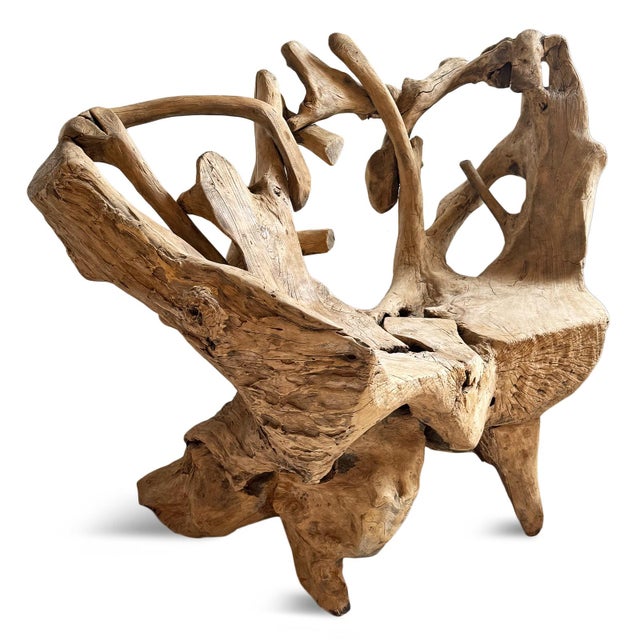 Impressive hand crafted vintage organic freeform teak root bench / chair. Sculptural piece with one-of-a-kind presence....