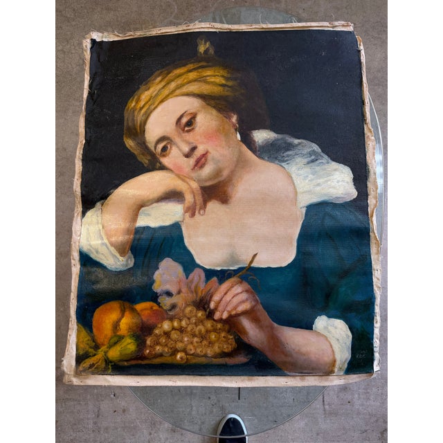 Striking figurative oil painting depicting an elegant young woman seated before a dark background, dressed in a rich teal-...