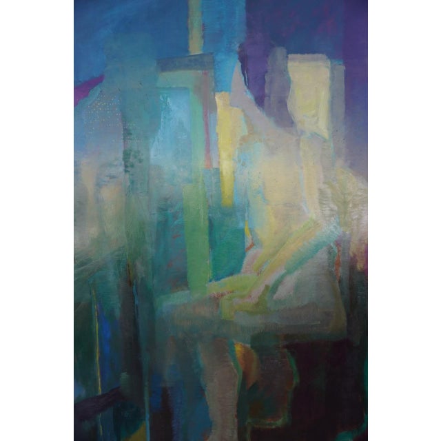 Beautiful 1965 abstract figurative painting by Mina Pulsifer, showcasing her signature mid-century modern style. The...