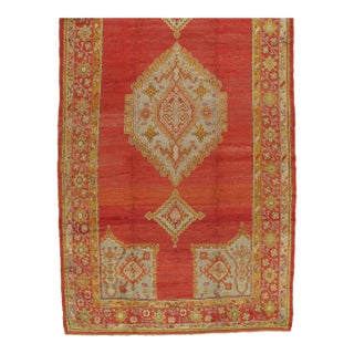 Antique Turkish Oushak Rug, Handmade Wool Oriental Rug in Coral and Lt Blue For Sale