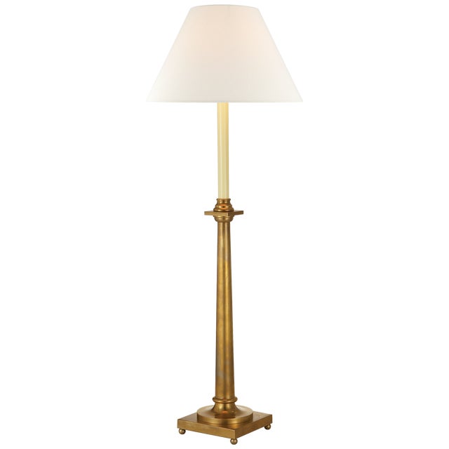 Traditional Chapman & Myers by Visual Comfort Signature Swedish Column Buffet Lamp in Antique-Burnished Brass with Linen Shade For Sale - Image 3 of 3