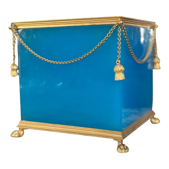 French Blue Opaline Glass Cachepot With Gilt Bronze Swags, Tassels & Paw Feet For Sale