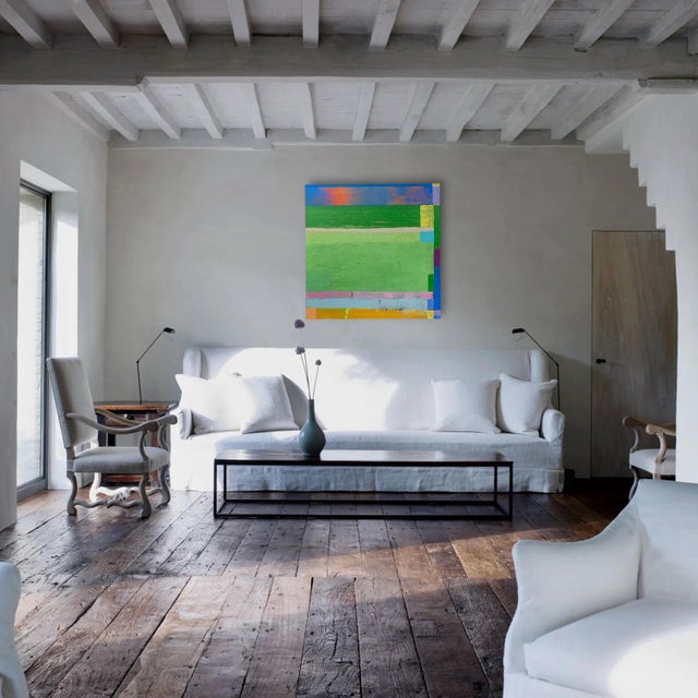 A modern colorfield landscape in mixed media on stretched canvas. 48”x48”