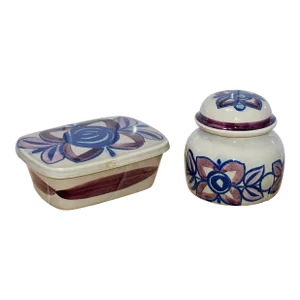 1960s Mid-Century Modern Stavanger Flint Norway Camilla Square Lidded Box & Jar Modernist Pottery Jw- 2 Pieces