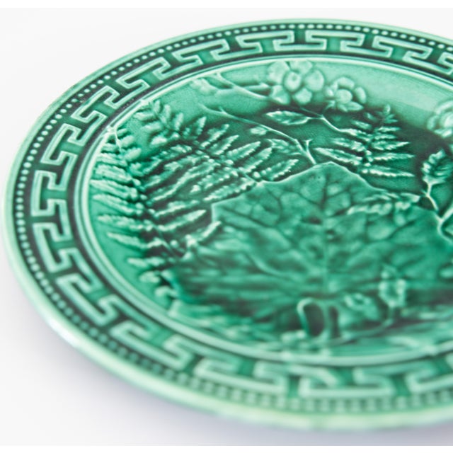 A lovely antique 19th-Century French green majolica fern & leaves plate with greek key border. No maker's mark. It...