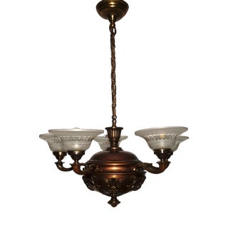 Art Deco French Brass and Glass Five-Light Chandelier, 1940s For Sale
