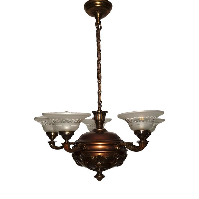 Art Deco French Brass and Glass Five-Light Chandelier, 1940s For Sale