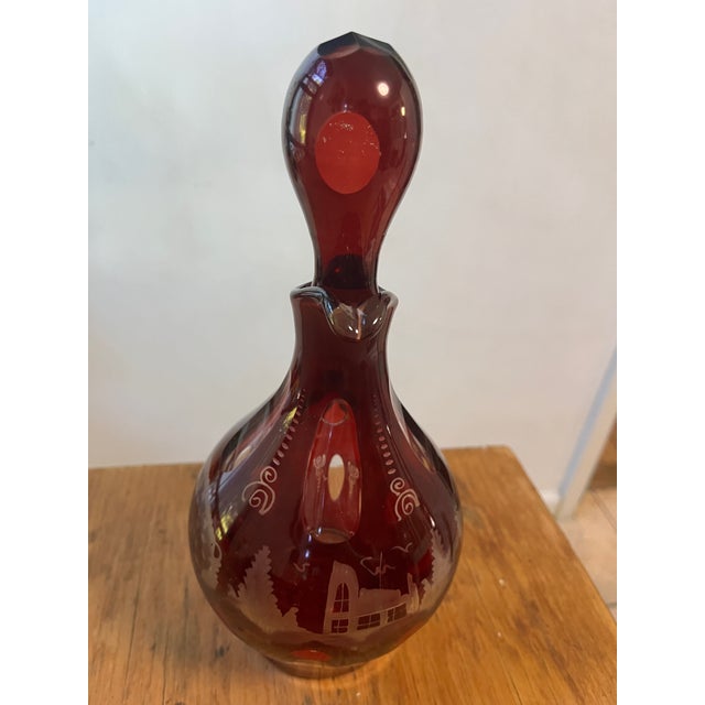 Art Deco AntiquevEtched Red Cranberry Decanter Set With 2 Glasses For Sale - Image 3 of 10
