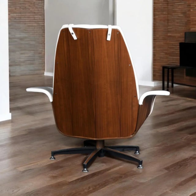 Wood Restored George Mulhauser Plycraft Style White Lounge Chair With Ottoman For Sale - Image 7 of 9