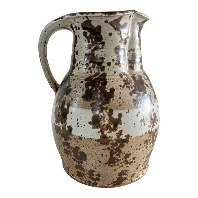 Vintage Rustic Striped Ceramic Studio Made Pitcher For Sale