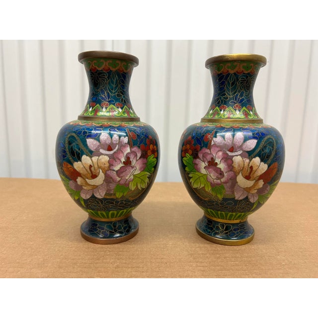 Metal Mid 20th Century Vintage Chinese Cloisonne Floral Decorated Vases- a Pair For Sale - Image 7 of 7