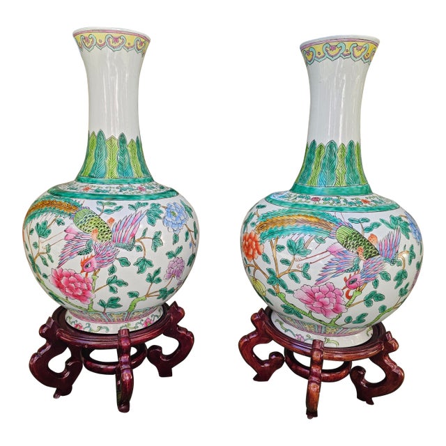 Pair of Late Qing Dynasty Chinese Famille Rose Phoenix Bottle Vases With Stands For Sale