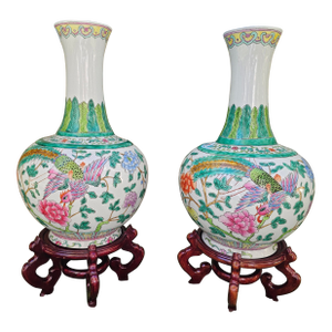 Pair of Late Qing Dynasty Chinese Famille Rose Phoenix Bottle Vases With Stands