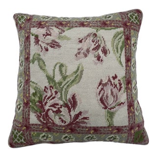 Vintage Floral Tulip Cross Stitched Accent Pillow For Sale