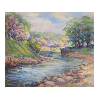 Early 20th Century Pastoral Riverside Cottage Landscape Painting For Sale