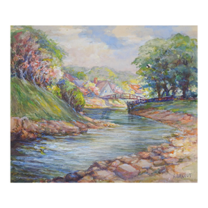 Early 20th Century Pastoral Riverside Cottage Landscape Painting