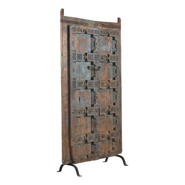 Antique Indian Carved Teakwood Door on Iron Stand For Sale