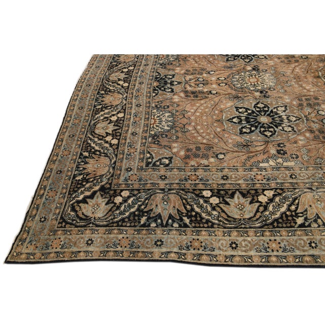 Antique Tabriz Beige and Blue Handmade Floral Pattern Persian Ovesize Wool Rug For Sale - Image 4 of 11