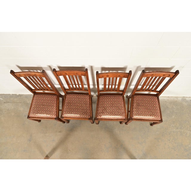 Early 20th Century Stickley Brothers Style Antique English Arts & Crafts Carved Oak High Back Dining Chairs, Set of Four For Sale - Image 5 of 8