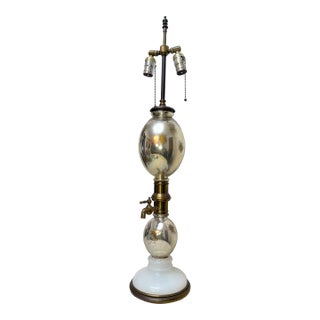 Large Antique Mercury Glass Brass Seltzer Siphon Bulbous Round Bottle Table Lamp For Sale