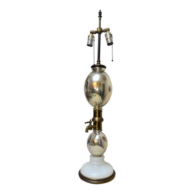 Large Antique Mercury Glass Brass Seltzer Siphon Bulbous Round Bottle Table Lamp For Sale