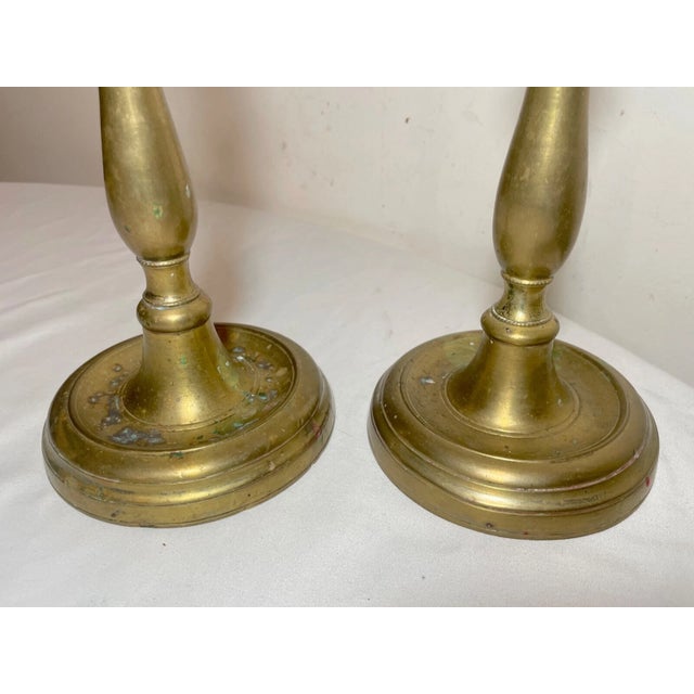 Rare Pair Primitive Antique 18th Century Turned Brass Candlestick Candle Holder For Sale - Image 4 of 11