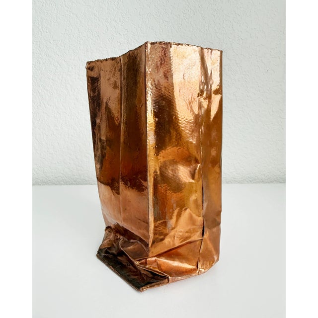 Copper 1980s Postmodern Copper Metal Paper Bag Vase For Sale - Image 8 of 11