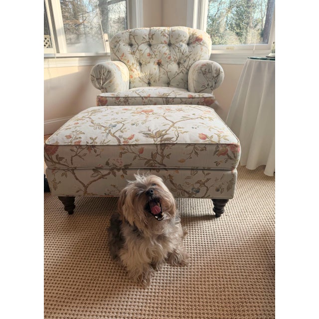 Custom Tufted Scalamandre Light Blue Floral Lounge Chair and Ottoman For Sale - Image 18 of 18