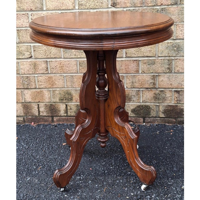Brown Late 19th Century Victorian Rococo Style Carved Walnut Oval Rolling Side Table For Sale - Image 8 of 8