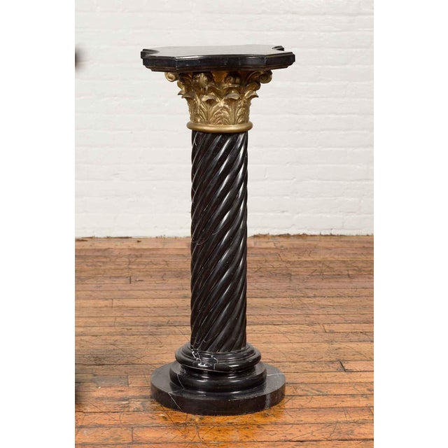 Pair of Black Carrara Marble Twisted Pedestals with Bronze Corinthian Capitals For Sale - Image 4 of 15