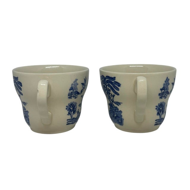 Vintage Eit Blue Willow Pagoda Design Ironstone Tea Coffee Cups - a Pair For Sale - Image 4 of 12