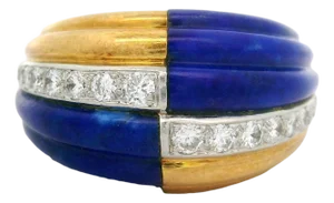French Diamond Lapis 18k Yellow Gold Checkered Ring, Size 6.25