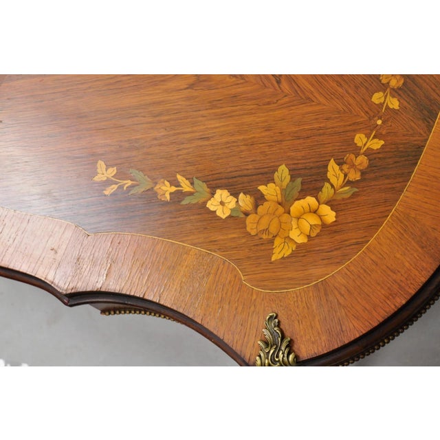 Brown Antique French Louis XV Style Floral Inlay Walnut Coffee Table With Drawer For Sale - Image 8 of 15