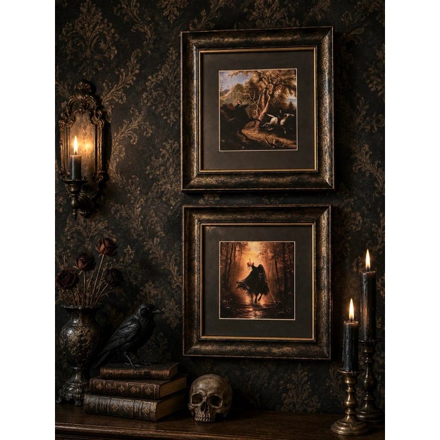 Black Pair of Framed Headless Horseman Halloween Art Prints, 13” X 13” For Sale - Image 8 of 8