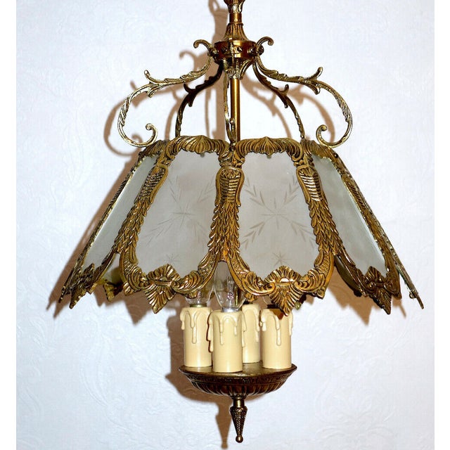 Antique French Brass and Glass Chandelier from Unbekannt, 1930s For Sale - Image 9 of 10