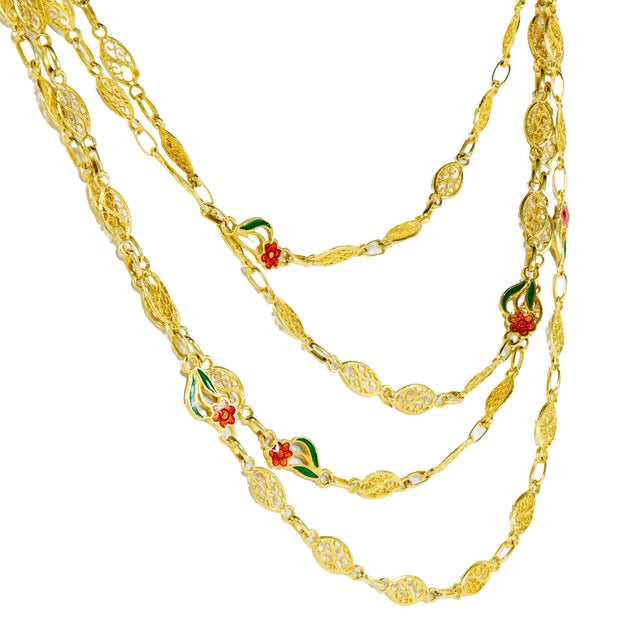 French Antique Enamel Flower 18k Gold Fancy Link 78 Inch Necklace For Sale - Image 4 of 7