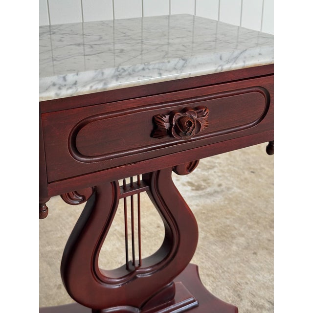 Pair of Vintage Marble-Top Lyre Pedestal Tables For Sale - Image 10 of 15