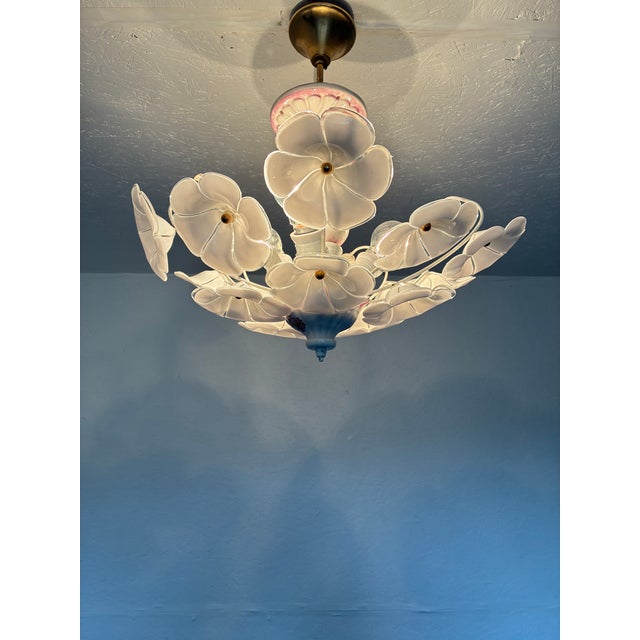 Vintage White Murano Style Floral Chandelier | Italian Art Deco Ceiling Light | 1980s Glass Flower Lighting For Sale - Image 11 of 17
