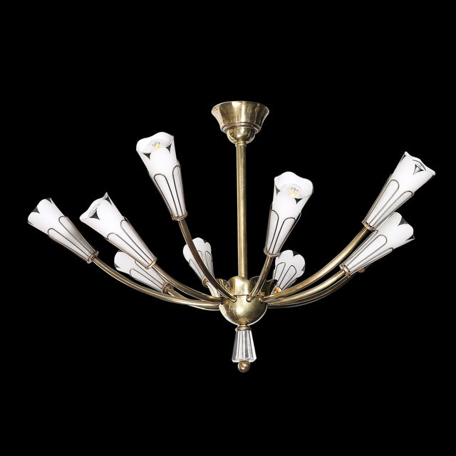 Mid-Century Tulip Form Chandelier in Brass & Frosted Glass W/ Enamel Detailing For Sale In New York - Image 6 of 11