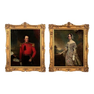 Two 19th Century Portraits of a British Officer & Lady in Gilt Frames, England. For Sale
