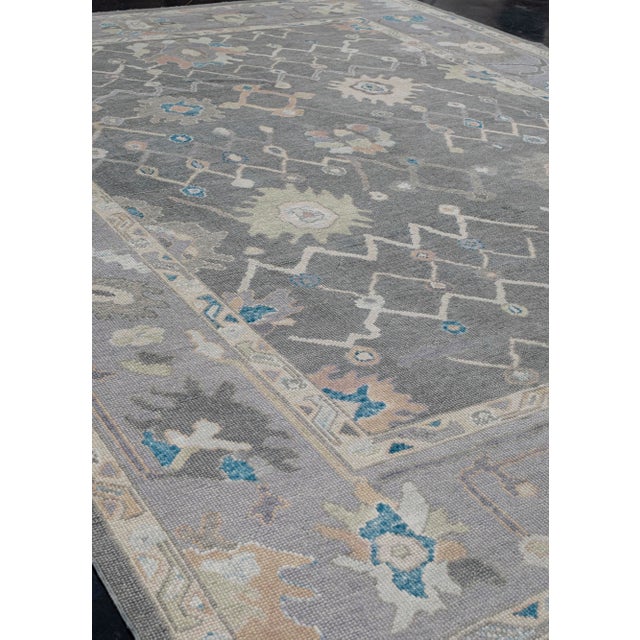 Turkish Oushak Rug Gray, Ivory, and Blue Handwoven Wool Rug 8'11" X 11'8" For Sale - Image 4 of 9