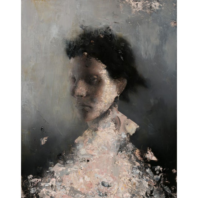 This artwork presents a haunting portrait that evokes a sense of unease and introspection. The figure emerges from a...