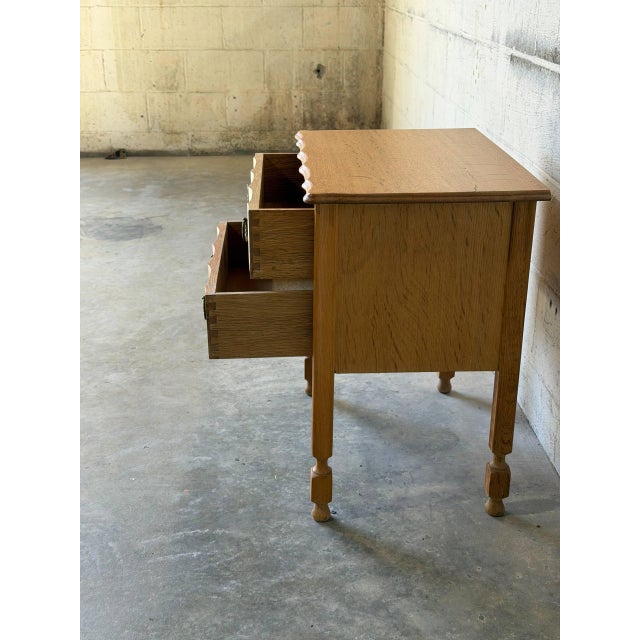 1970s Solid Oak Small Two-Drawer Dresser With Sculpted Fronts and Turned Legs Traditional Vintage 1970s For Sale - Image 5 of 9