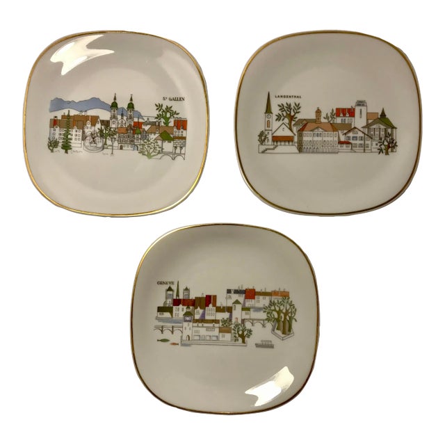 Vintage 1970's Swiss Langenthal Geneve St. Gallen Langenthal Collectible Porcelain Plates - Set of 3 For Sale