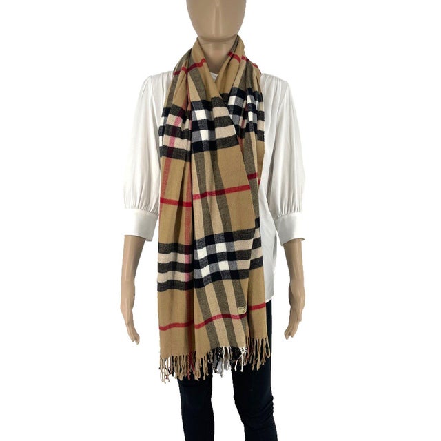 Burberry Beige Plaid 100% Cashmere Scarf