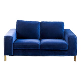 Jason Furniture Modern Blue Velvet Loveseat With Gold Legs For Sale